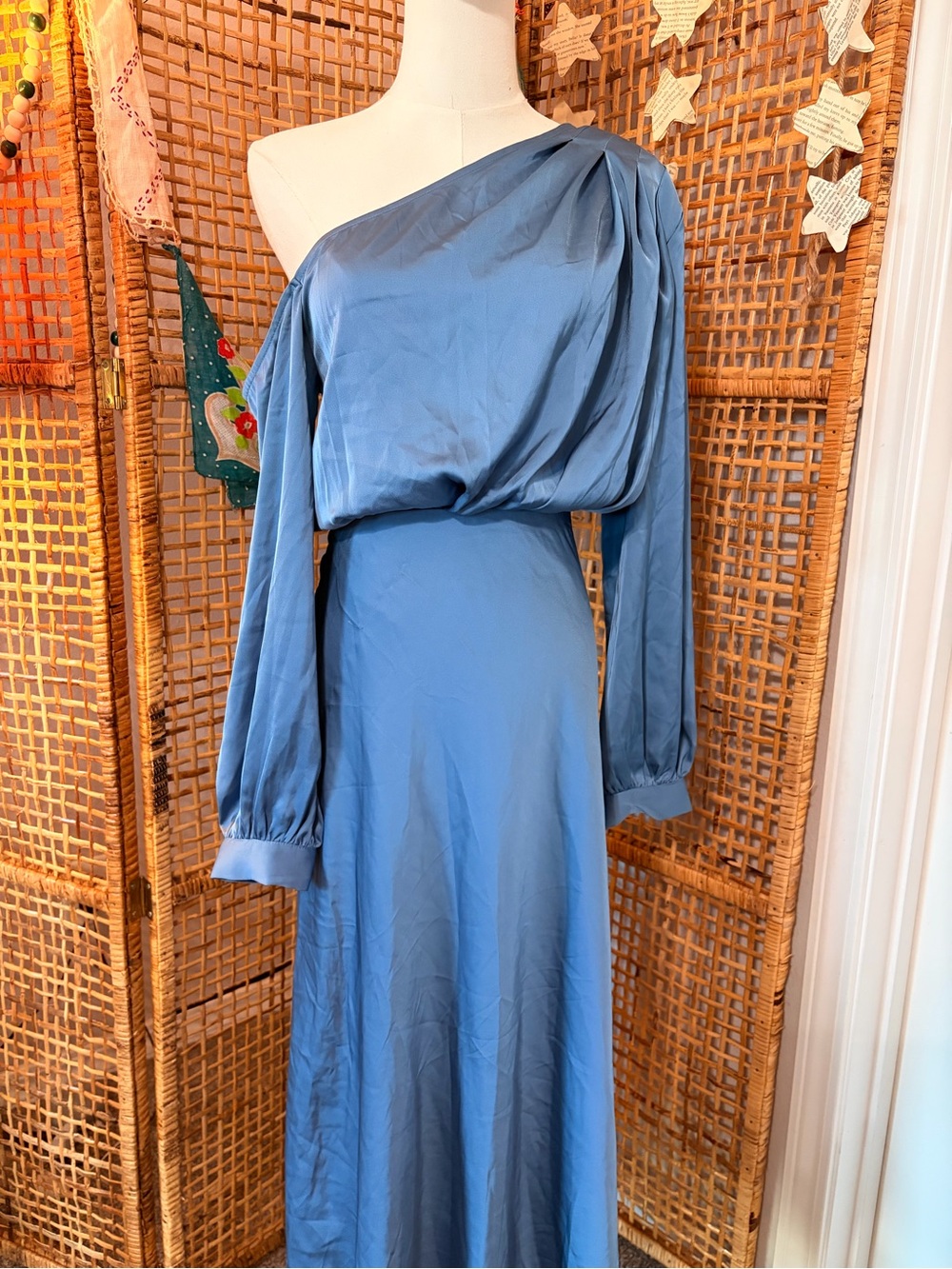 One-Shoulder Dusty Blue Silk Maxi Dress